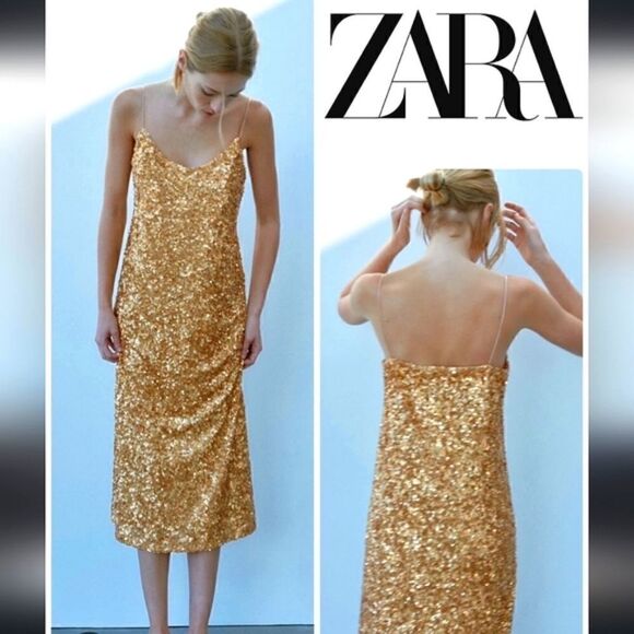 ZARA GOLD SEQUIN KNIT SLIP DRESS bloggers favorite - Picture 6 of 16